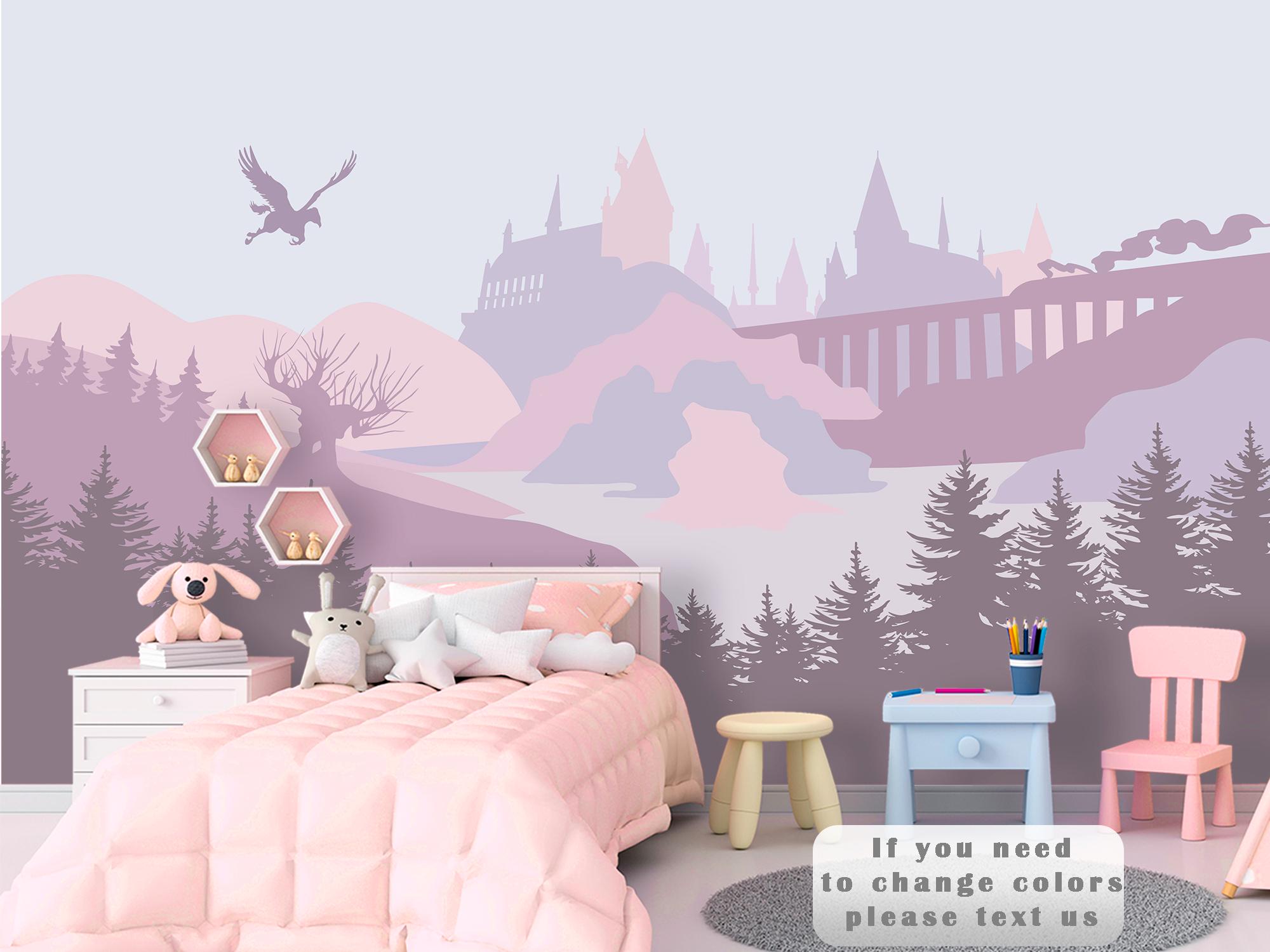 Wizard Castle Wallpaper Nursery Removable, Magical Castle for Kids Room Self Adhesive, Lavander Wallpaper Playroom, Woodland Wallpaper
