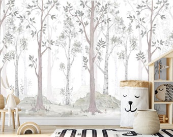 Woodland Nursery Wallpaper Pastel, Forest Wall Mural Peel and Stick, Birch Forest Landscape Wallpaper Play Room, Tree Forest Wall Decor