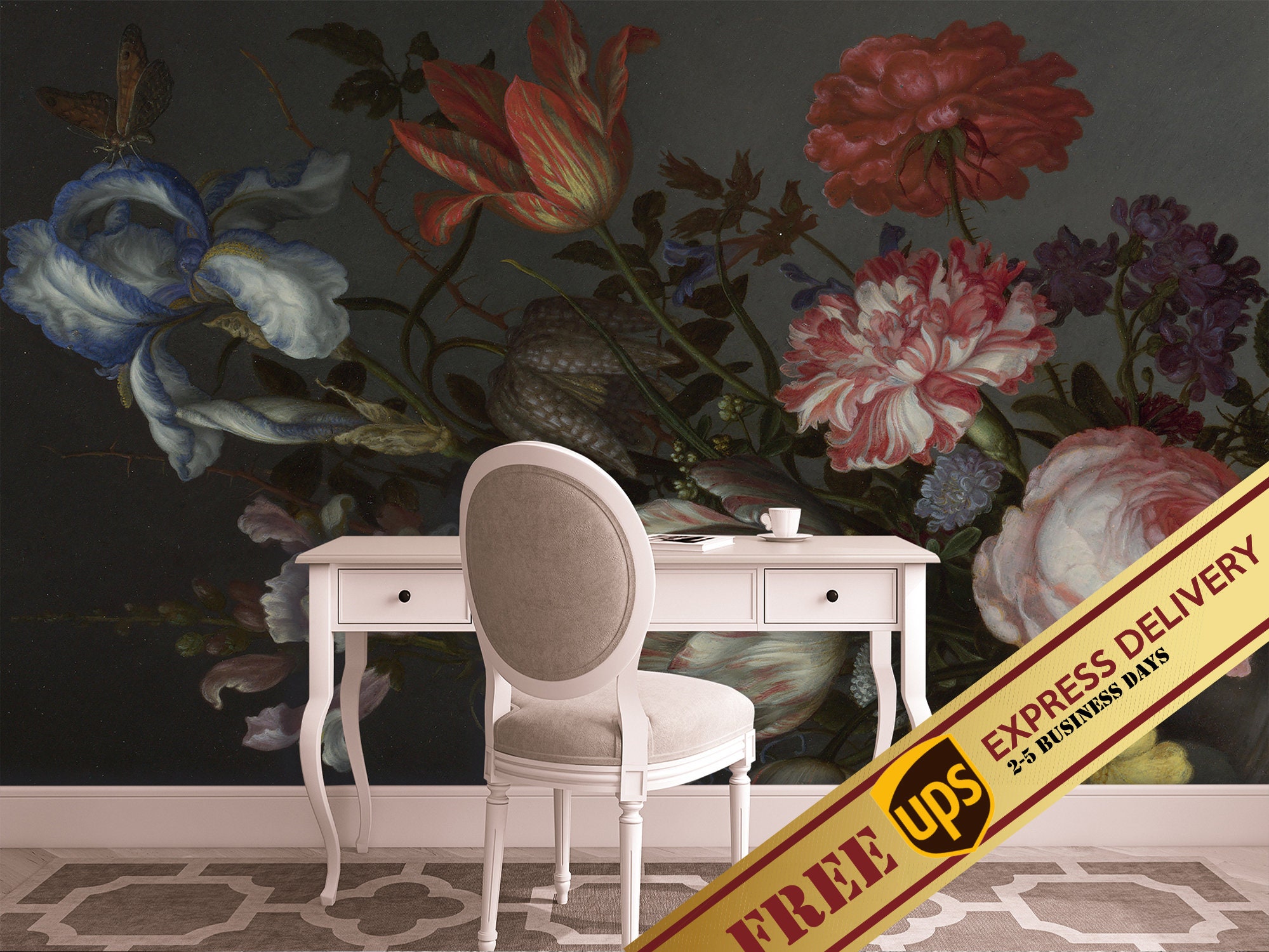 Dutch Floral Wallpaper Dark Floral Peel & Stick Wallpaper Etsy