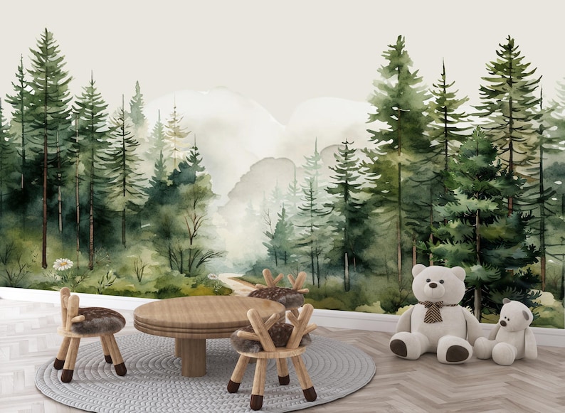 Woodland Wallpaper Nursery Removable Green Forest Wall Mural Mountain Wallpaper Roll Kids Room, Watercolor Nature Wall Paper Realistic image 1
