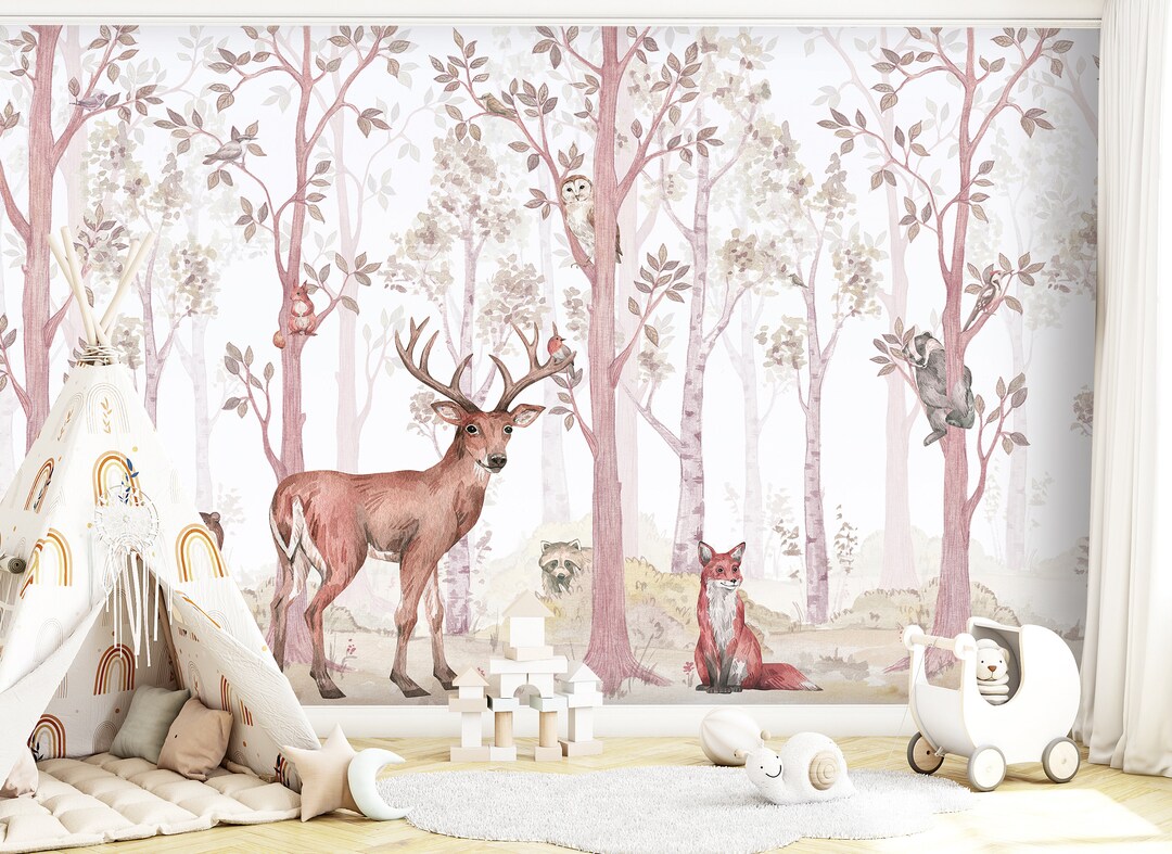 Woodland Wallpaper Nursery Pink, Forest Animal Wall Mural Peel and ...