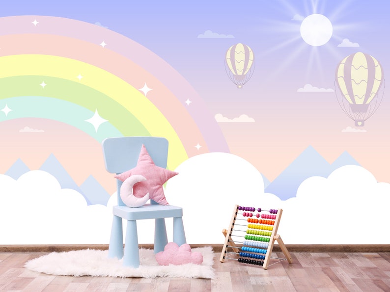 Rainbow Wallpaper Baby Girl Room Large Rainbow With Clouds Etsy