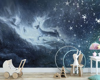 Watercolor Wallpaper, Starry Night Pine Forest Mural - Deer Antlers, Peel And Stick | Nursery