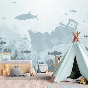 Underwater Life Wallpaper – Marine Wall Mural Boys Room, Blue Ombre Ocean Wallpaper with Ship, Sea Fish Kids Wall Decor, Nautical Nursery