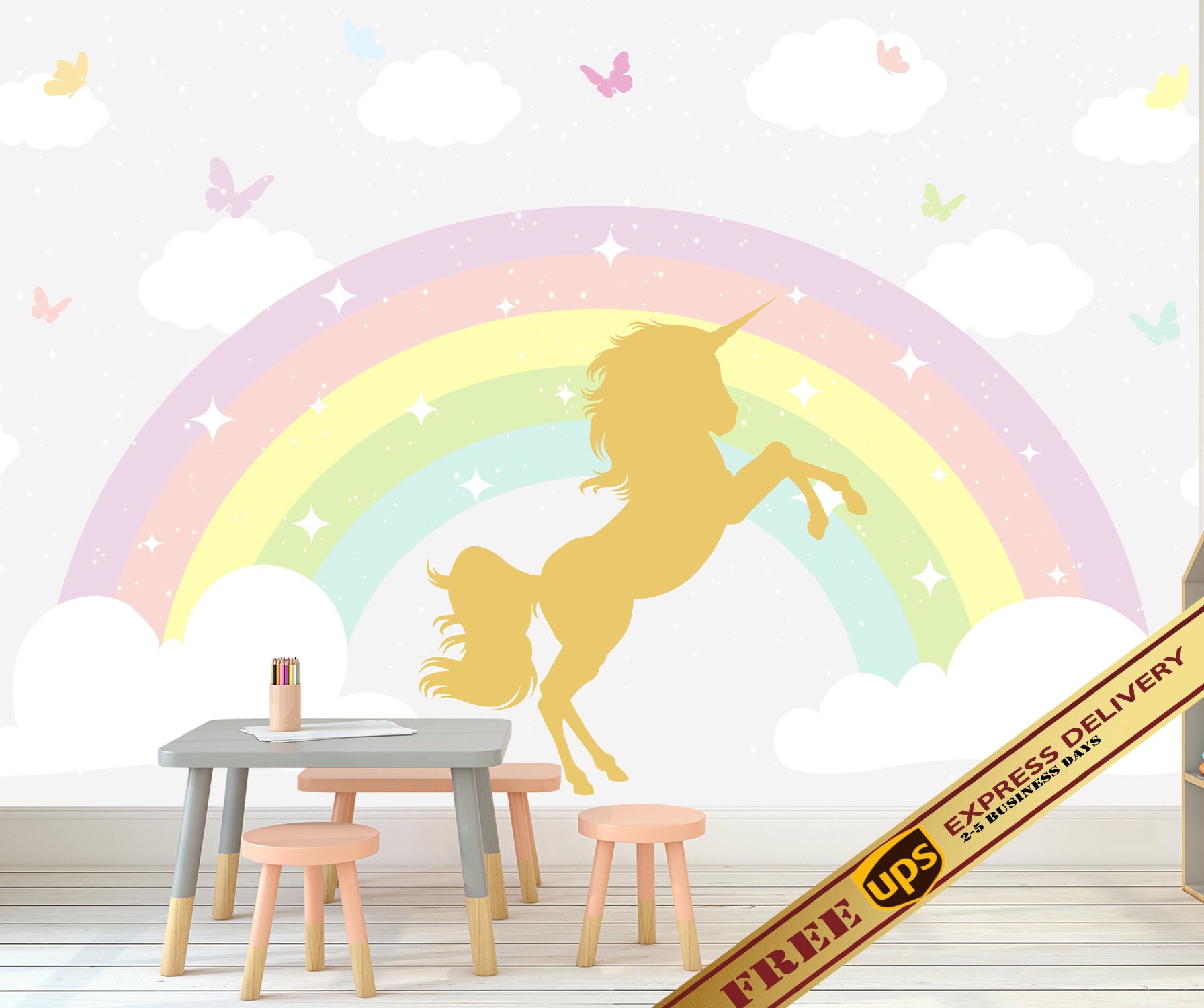 Unicorn with Butterflies Wallpaper Peel & Stick. Rainbow Wall | Etsy