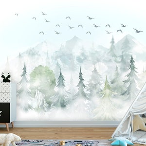 Grey Mountains Wallpaper  Nursrery Removable. Forest Wall Mural Any Room. Woodland Accent Wallpaper Kids. Modern Watercolor Wall Decor GJ206