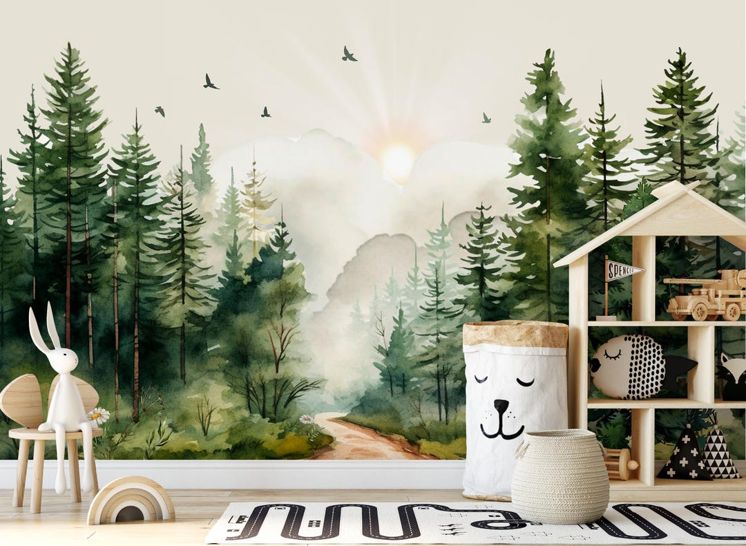 Green Forest Wallpaper Mural Nursery Peel and Stick, Woodland Wallpaper ...