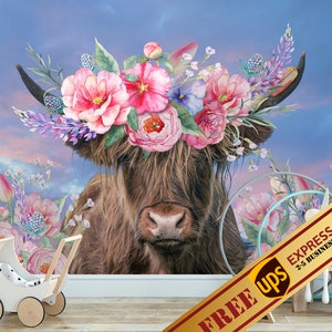 Highland cow wallpaper nursery decor, farm nursery peel and stick