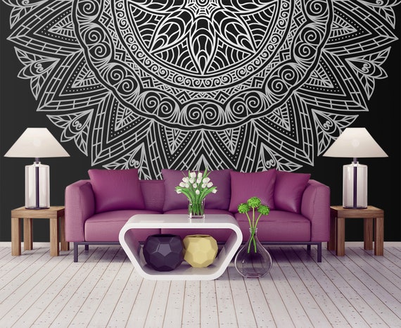 Luxury Dark Wallpaper Removable Mandala Wall Mural Above Sofa Bed Couch Decor Real Metallic Silver Color Wallpaper Morocco Decor Etsy Canada