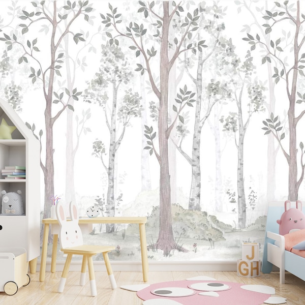 Woodland Nursery Wallpaper Pastel, Forest Wall Mural Peel and Stick,  Birch Forest Watercolor Wallpaper Play Room, Tree Forest Wall Decor