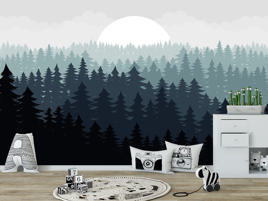 Navy Blue Pine Tree Wallpaper for Kids Room, Forest Wall Mural Bedroom