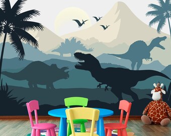 Jurassic World Wallpaper Nursery. Trex Triceratops Wall Decor for Kids. Dinosaur Wallpaper Removable Boys Room. Wall Mural Playroom