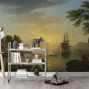 Landscape at Sunset Wallpaper Mural. Vernet Painter Reproduction Wall Print. Nautical Wallpaper. Ship in the Sea Wallpaper Peel & Stick