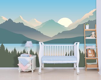 Mauntain Wallpaper Peel & Stick, Lake Wall Mural, Nature Wallpaper Kids Nursery, Woodland Wallpaper Removable, Adventure Travel Decor Home
