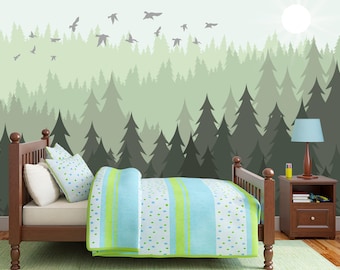 Misty Pine Forest Wallpaper – Minimalist Woodland Mural, Scandinavian Kids Room Wall Art, Green Nature Nursery Decor, Calm Forest Scene