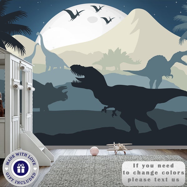 Dinosaur Wallpaper Kids Room Removable. Jurassic World Wall Mural Dark Nursery. Trex Wall Paper Self Adhesive. Blue Dino Wallpaper Playroom