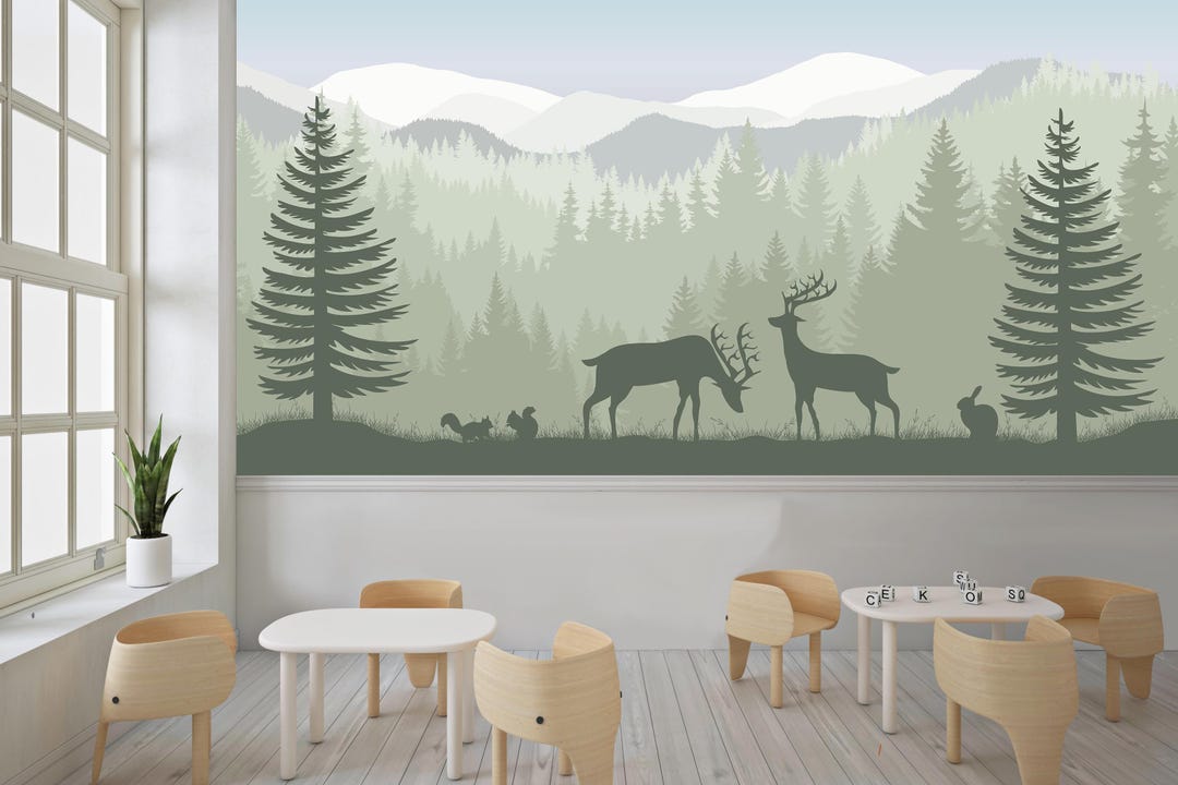 Green Forest Nursery Wallpaper – Woodland Animals Mural for Kids ...