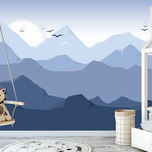 Mountain Wallpaper Kids Removable, Mountains with Sun Wall Mural Boys Room, Blue Ombre Mountain Wall Paper Landscape Accent Wall Decor