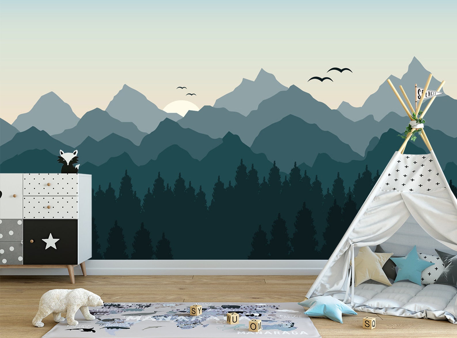 Mountain Wallpaper Nursery Mountains With Sun Wall Mural Etsy