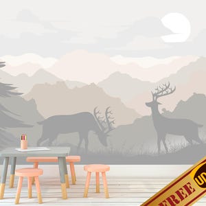 Pastel Ombre Mountains Wallpaper Kids, Woodland Wall Mural Removable, Deer Wall Paper Traditional Non Woven, Antler Wallpaper Nursery jk144