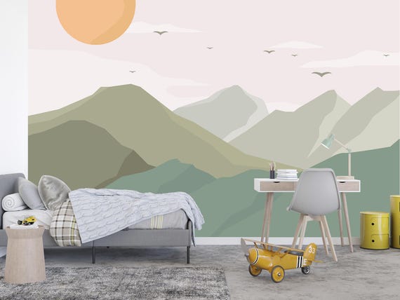 Mountain Landscape Wallpaper – Minimalist Kids Room Mural, Soft Pastel Nature Wall Art, Calm Nursery Decor, Scandi Style Green Landscape