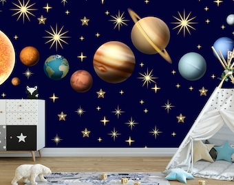 Solar System Wallpaper Kids, Space Large Wall Mural Nursery, Starry Night Sky Wallpaper Removable, Planets  Stars Children Wall Decor