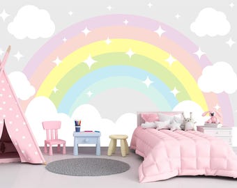 Large Pastel Rainbow Wallpaper, Unicorn Themed Wall Decor Baby Girl Room, Rainbow Wallpaper Non Woven Eco Material
