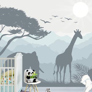 Safari Animals Wallpaper – Giraffe & Elephant Mural for Boys Room, Removable African Kids Wall Decor, Blue Non-Woven Nursery Wallpaper
