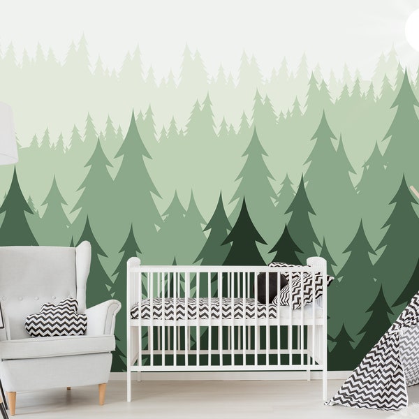 Sage Green Forest Wallpaper Removable Kids Pine Tree Forest Wall Mural Baby Room Pastel Wallpaper Nursery Woodland Wallpaper Non Woven JK471