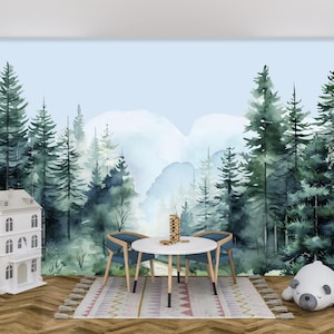 Woodland Wallpaper Nursery – Green Forest Wall Mural Peel & Stick, Mountain Kids Wall Decor, Landscape Nature Blue Wallpaper for Boy Room