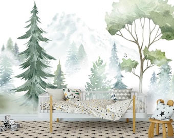 Grey Mountains Wallpaper Removable / Forest Wall Mural Girl Room / Woodland Accent Wallpaper Nursery / Nuture Watercolor Tree Wall Decor Kid