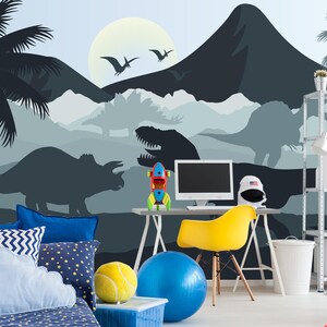 Jurassic World Dinosaur Wallpaper – Blue Nursery Wall Mural, Volcano Trex Boys Room Decor, Dino Wall Paper Peel and Stick Mountain Landscape image 3