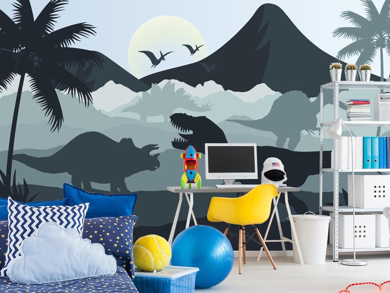 Jurassic World Dinosaur Wallpaper – Blue Nursery Wall Mural, Volcano Trex Boys Room Decor, Dino Wall Paper Peel and Stick Mountain Landscape image 3