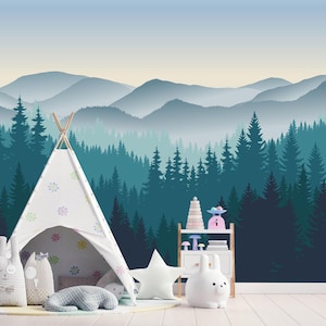Mountain Nursery Wallpaper, Forest Wall Mural Boys Room, Blue Landscape Scale Watercolor Mountain Woodland Mural, Hunting Room Toddler Decal
