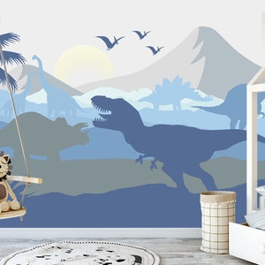 Dinosaur Wallpaper Removable Boys Room. Jurassic World Wallpaper Nursery. Trex Triceratops Wall Decor Kids. Blue Grey Wall Mural Playroom