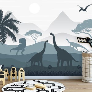 Jurassic World Wallpaper Nursery, Dinosaur Wall Mural Boys Room, Dino TRex Wallpaper Kids Removable, Grey Blue Mountains Wallpaper Playroom