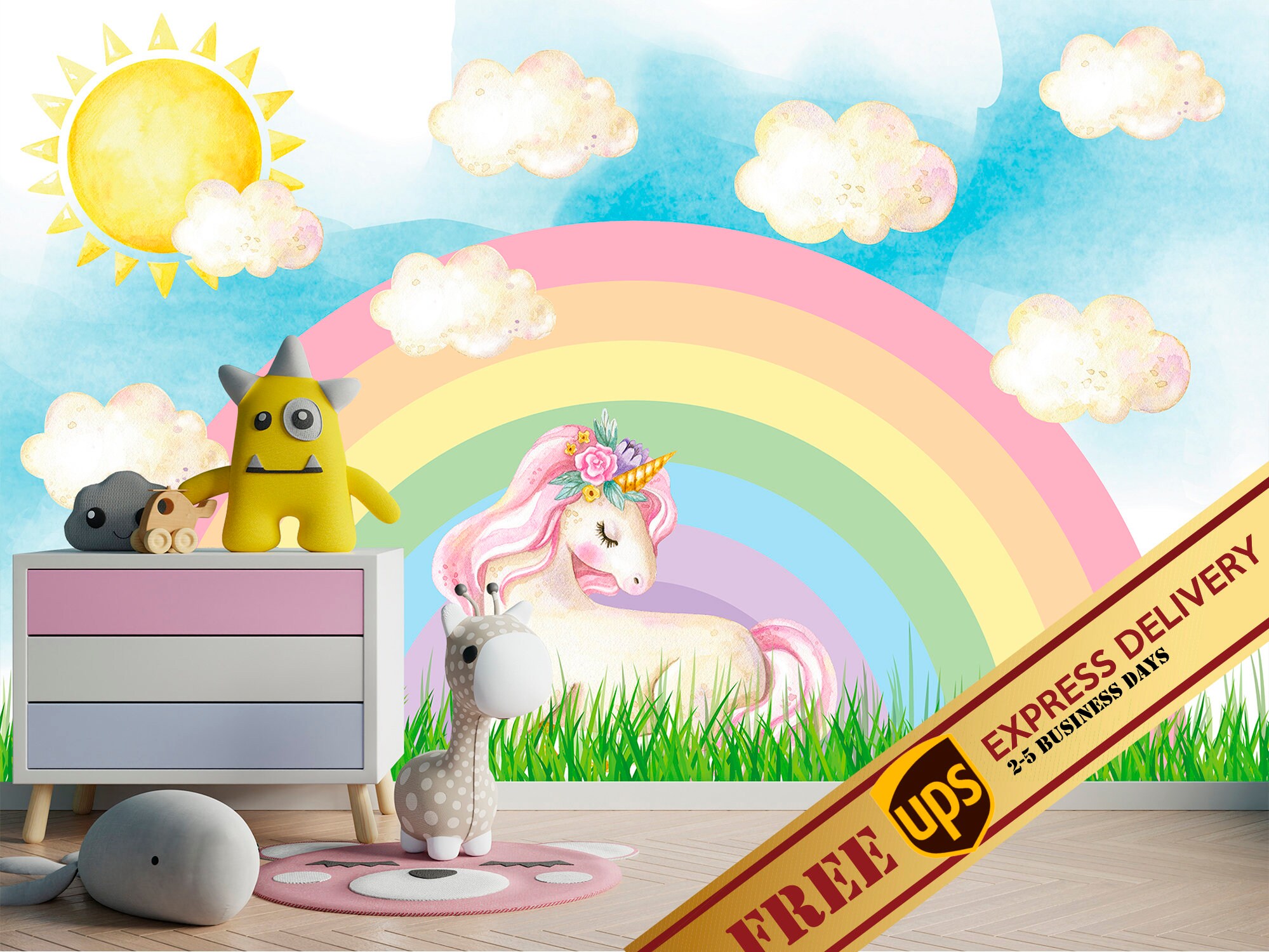 Unicorn Wallpaper for Girl Bedroom. Rainbow Pastel Wall Mural | Etsy