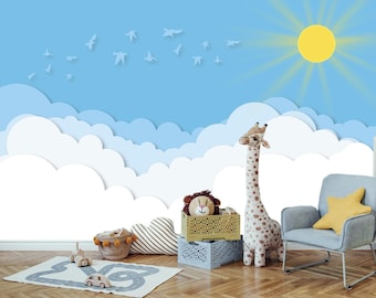 Blue Sky with Sun Wallpaper Nursery, Sky and Birds Wall Mural Kids Baby Blue Ombre Wall Paper Toddler Room, Pastel Sun and Clouds Wall Decor