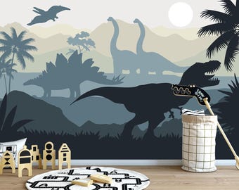 Dinosaur Wallpaper, Navy Blue Jurassic Mural, Peel And Stick T-Rex Nursery Decor, Eco Friendly Removable