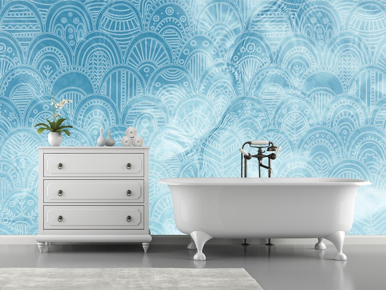Blue Bohemian Scallop Wallpaper Removable Wallpaper Mural Etsy UK