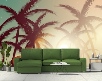 Palm Tree Wallpaper, Self Adhesive Removable Wallpaper Floral, Exotic Wallpaper Non Woven, Palm Leaves Wall Mural, Sky Wallpaper Nature