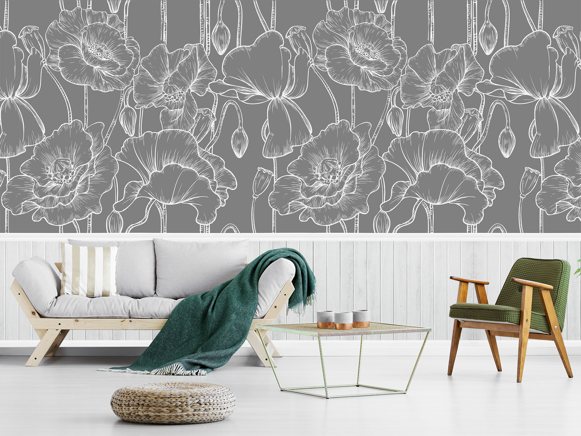 Grey and White Wallpaper Floral. Peel & Stick Wallpaper Mural. Etsy