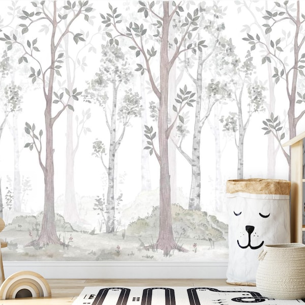 Woodland Nursery Wallpaper – Pastel Birch Forest Wall Mural, Watercolor Peel & Stick Tree Wallpaper for Kids Play Room Decor
