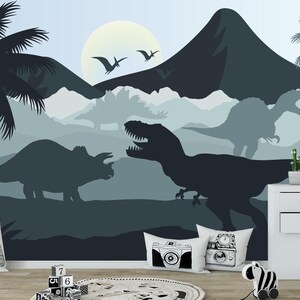 Jurassic World Dinosaur Wallpaper – Blue Nursery Wall Mural, Volcano Trex Boys Room Decor, Dino Wall Paper Peel and Stick Mountain Landscape image 1