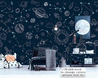 Planets Wallpaper, Outer Space Decor For Kids Room - Removable Galaxy Scene - Peel And Stick Constellation Vinyl Print