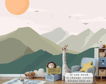 Grey Mountains Wallpaper Removable Woodland Wall Decor Nursery Nature Wall Art Peel & Stick Modern Mountain Wall Mural Sun Accent Wall