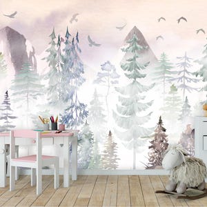 Mountain Nursery Wallpaper Removable, Woodland Toddler Room Mural, Pink Mountains Wallpaper Baby Girl, Forest Pine Tree Toddler Wall Decor