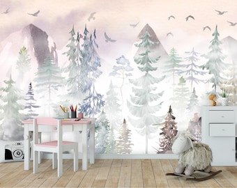Mountain Nursery Wallpaper Removable, Woodland Toddler Room Mural, Pink Mountains Wallpaper Baby Girl, Forest Pine Tree Toddler Wall Decor