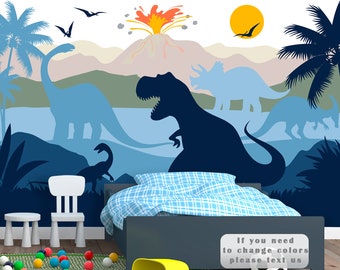 Jurassic World Wallpaper Nursery Removable.  Dinosaur Wall Mural Boys Room. Trex Triceratops Wall Decor for Kids. Blue Wallpaper Playroom