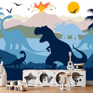 Jurassic World Wallpaper Nursery Removable. Dinosaur Wall Mural Boys Room. Trex Triceratops Wall Decor for Kids. Blue Wallpaper Playroom